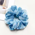 Blue chiffon rhinestone hair scrunchie, elegant plaid design for women and girls daily wear. - Plaid Sky Blue