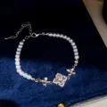 Exquisite pearl and colorful zircon flower bracelet detail view, elegant French vintage style. - Bracelet-Silver-Pink