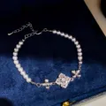 Elegant pearl and zircon flower bracelet, French vintage style chic wrist jewelry for women - Bracelet-Silver-White