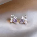 Boucles d'oreilles perles fleurs zircon délicates, beaux clous d'oreilles pour femme. - Clous d'oreilles fleur en cristal violet et perles (63#) / Argent-Violet