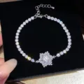 Silver Tennis Bracelet with Zircon Snowflake Charm Sparkling Crystal Diamond Jewelry for Women - White