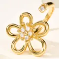 Gold open flower ring with sparkling zircons, trendy hollow design fashion finger jewelry. - Open Ring (5-HR3769-1) / Gold