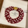 Pulsera tejida de cuentas rojas y perlas blancas hecha a mano con cierre dorado moda - Pulsera-Rojo