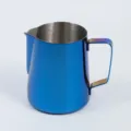 Stainless steel milk frothing pitcher in blue electroplated finish for coffee latte art barista. - 600ml Titanium Blue with Scale - 304