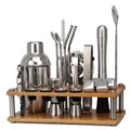 Set completo de coctelera de acero inoxidable con soporte de bambú y herramientas - 350ml