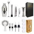 Edelstahl Cocktail Shaker Set professionelles Barkeeper Werkzeug mit Holzstandhalterung. - 550 ml Shaker - Stein-Optik