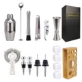 Professionelles Edelstahl Cocktail Shaker Set mit Barwerkzeugen, Stößel und Holzständer. - 350 ml Shaker - Stein-Optik