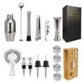 Edelstahl Cocktailshaker Set mit Barwerkzeugen Holzständer und Aufbewahrungsbox für Hausbar. - 350 ml Edelstahl