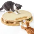 Wooden cat scratcher board with interactive track ball and durable sisal mat for cats. - Beige