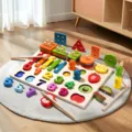 Wooden Montessori early education toy with numbers, shapes, xylophone, and fishing game. - 5-in-1 Peg Puzzle