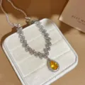 Exquisite teardrop zircon necklace with yellow pendant, luxury clavicle chain jewelry. - Necklace-Silver-Yellow