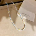 Handmade crystal beaded flower necklace detail shot, colorful daisy design clavicle chain. - White-Blue-Yellow (2#)
