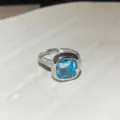 Elegante open zilveren ring met schitterende vierkante blauwe zirkonia en fijne steentjes. - Aquamarijn Vierkante Zirconia Open Ring (39#) / Zilver/Blauw