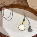 Bohemian vintage necklace detail with wooden pendant, leather cord and colorful beads for women. - 3# Necklace-Coffee-Green