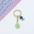 Valentine's Day romantic blue and green rose alloy keychain, cute bag pendant and gift. - Blue