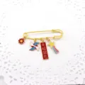 Gold tone safety pin brooch with cute charms study success auspicious exam detail - Red - Success in Exams