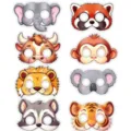 Detailed view of cute cartoon animal paper masks featuring various forest creatures for parties. - Jungle Animal Mask A / Set of 8