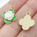 DIY clover metal alloy pendant with white flower and green enamel for handmade jewelry making - Colorful Rose Clover (28577) / 1 Piece (19x15x5mm) / White