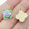 DIY clover flower alloy charm with purple rose and green enamel pendant for jewelry making. - Colorful Rose Clover (28578) / 1 Piece (19x15x5mm) / Purple