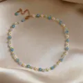 Summer fresh crystal beaded colorful flower necklace, minimalist sweet clavicle chain. - Necklace / Gold Blue White