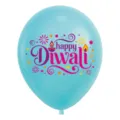 Detailed view of a light blue latex balloon featuring festive happy diwali print and decorations. - Blue Balloon Pattern