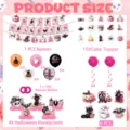 Pink Halloween party decoration set with banner, balloons, cake toppers, and honeycomb ornaments. - Set B / Banner + 20 Balloons + Cupcake Toppers + 6 Swirls + 5 Honeycombs