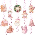 Pink Christmas gingerbread man hanging swirls party decorations set cute holiday ceiling decor. - 10 Double-Sided Swirl Cards and 10 Hanging Swirls