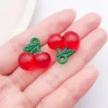 Red resin cherry pendant charms with green leaves for DIY jewelry making and crafts - Acrylic Plastic Cherry (22162) / 1 Piece (21x19mm) / Red