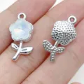 Silver flower charm DIY jewelry pendant with white opal stone and metal texture detail. - Phantom Flower Style (28449) / 1 Piece (23x12x6mm) / Silver