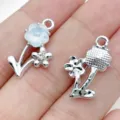 Silver tone flower metal charms pendants with white synthetic opal and crystal for DIY jewelry. - UV Dotted Rhinestone Colorful Double Flower Style (28462) / 1 Piece (22x13x6mm) / Silver
