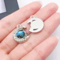 Silver starry moon pendant charm with rhinestones for DIY jewelry making earrings necklace crafts - Moon Planet (28189) / 1 Piece (20x15x4.5mm) / Silver (White K Blue)