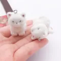 Cute fluffy white cat keychain resin flocked plush kitten bag charm pendant accessory - Sitting Dog with Upraised Tail (24802) / 1 Piece (34x20x27mm) / White