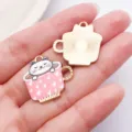 Süsse Katze Kaffeetasse Emaillierte Anhänger Metall für DIY Schmuck Ohrringe Halskette Basteln - Emaille Rosa Tasse Weiße Katze