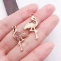 Detail of cute flamingo charms with pink rhinestones, ideal for DIY handmade jewelry making. - Gold Pink Style (28089) / 1 Piece (28x14x3mm) / Gold Pink