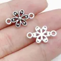 Antique silver flower jewelry connector charm, double loop DIY bracelet necklace accessory. - Double-Loop Six-Petal Flower Connector