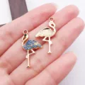 Rhinestone flamingo metal charm pendant for DIY handmade jewelry earrings necklace. - Gold Blue Style (28088) / 1 Piece (28x14x3mm) / Gold Blue