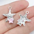 Colgante dije de estrella de mar plateada con incrustación rosa para collares artesanales. - Plateado Vidrio Rosa Estrella de Mar Irisada (28466)