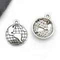 Close up detail of silver globe metal charms pendants for diy handmade necklaces and keychains. - Round Travel Earth Map Globe (11180)