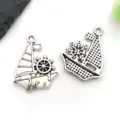 Silver nautical sailboat rudder charms pendant DIY handmade jewelry necklace keychain accessory - Sailboat and Rudder Charm (8901)