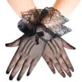 Black fishnet lace full finger gloves with sweet bow, perfect for wedding, party and dance. - One Size / Black