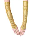Nahaufnahme langer goldener Paillettenhandschuhe mit Fingerschlaufe für glamouröse Tanzpartys. - Einheitsgröße / Gold