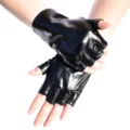 Short black punk half finger patent leather gloves for cosplay and daily fashion wear. - One Size / Black