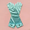 Guantes largos de satin para ninos con lazo y estrás, perfectos para fiesta de princesas. - Talla única / Azul claro