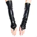 Guantes largos sin dedos de charol negro accesorio de disfraz de fiesta sexy. - Negro