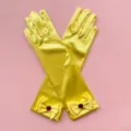 Kids yellow satin long gloves with bow and red gem, perfect for princess costume and stage. - One Size / Yellow