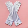 White satin gloves detail, featuring cute bow and rhinestone embellishment for kids party wear. - One Size / White