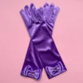 Guantes largos de saten morado para ninas con gran lazo y pedreria detalles de fiesta baile. - Talla única / Púrpura profundo