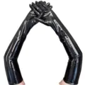 Lange schwarze Lackleder Handschuhe, glänzende Latextyp Handschuhe für Cosplay und Partykostüm. - Einheitsgröße / Kartonverpackung / Schwarz
