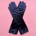 Guantes largos de saten azul oscuro para ninos con lazos y joyas para fiestas de princesa. - Talla única / Azul marino
