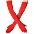 Nahaufnahme langer roter Stretchhandschuhe, glatte Stofftextur, elegante Armpräsentation. - Einheitsgröße / Rot